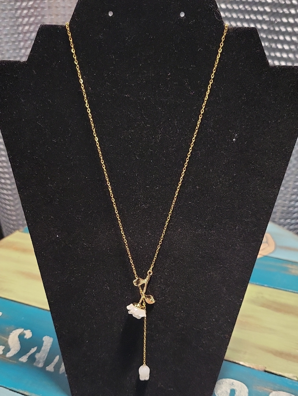 Gold-Tone Lariat Necklace with White Bead Drops